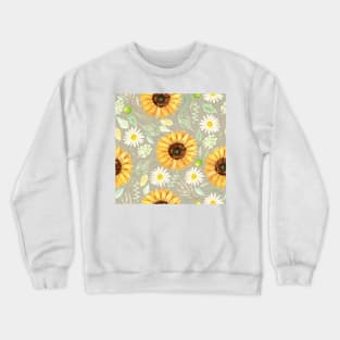 Sunflowers and Daisies | Watercolor | Art | Pattern | Grey Texture Crewneck Sweatshirt